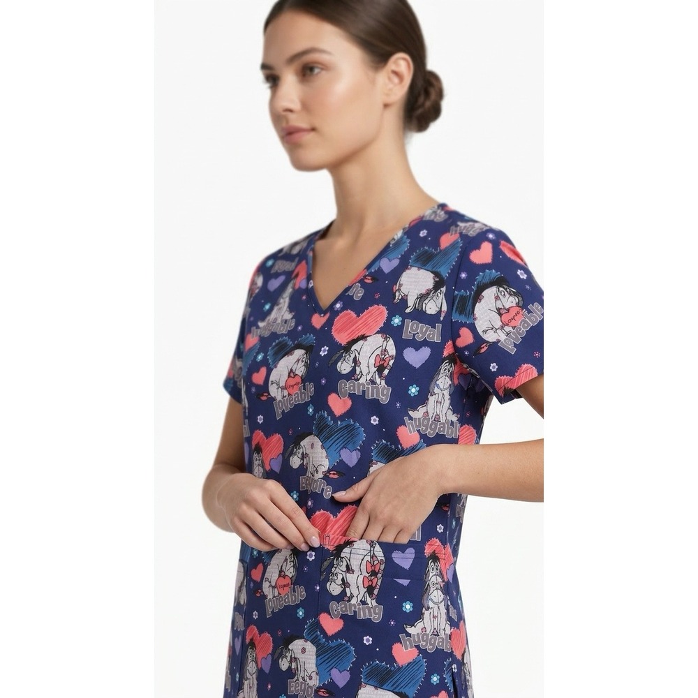 Disney Eeyore Navy Blue V-Neck Scrub Top Womens Hearts Huggable Caring Print 2XL